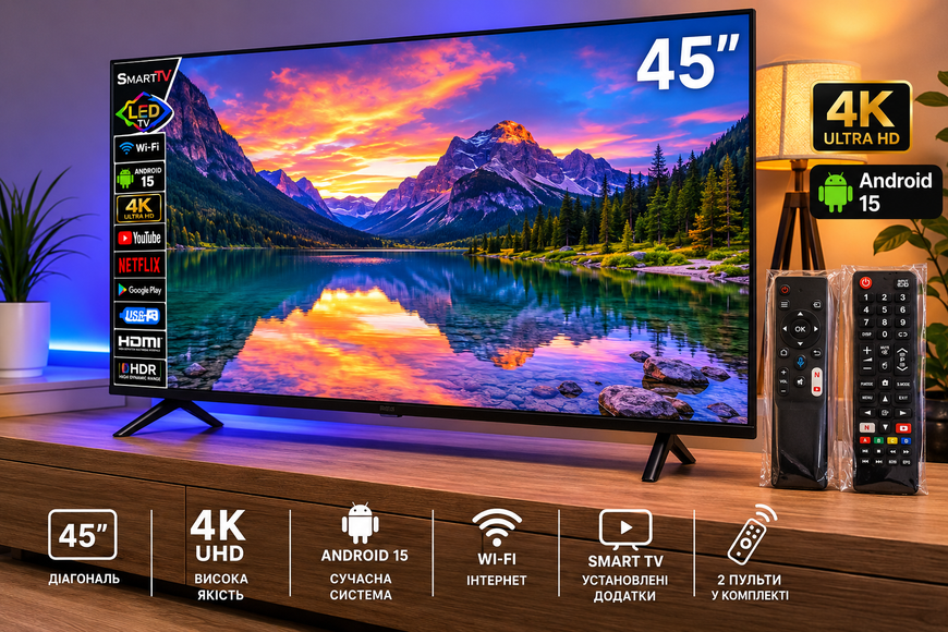 Телевізор 45&Prime; Smart TV Android 15 4K UHD з Wi-Fi 003 фото